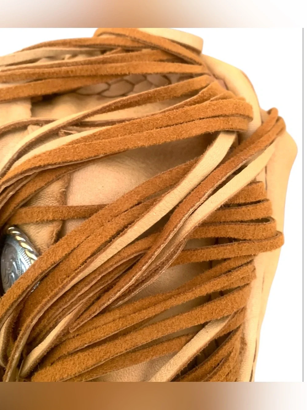 Tan Leather Deerskin Boho Crossbody Bag W Long Fringe Silver Tone Concha 9.5Wx5D